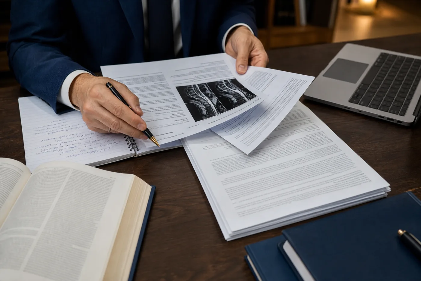 Advogado analisando documentos médicos e jurídicos em seu escritório