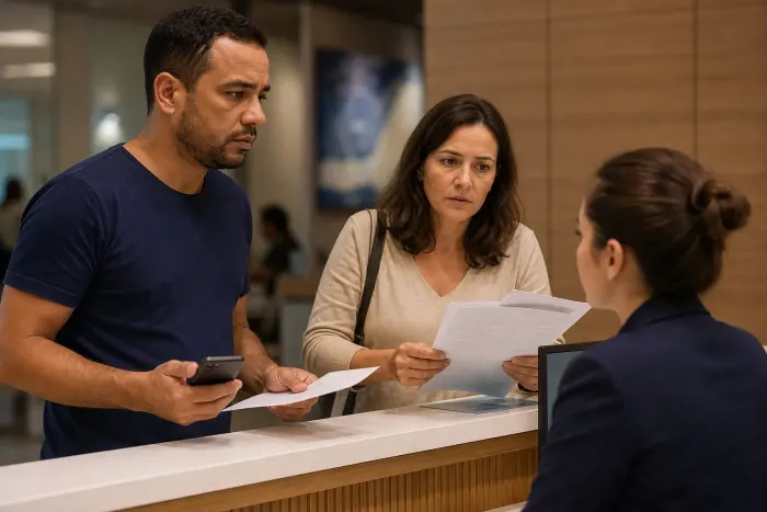 Família apresentando documentos em uma recepção de atendimento hospitalar