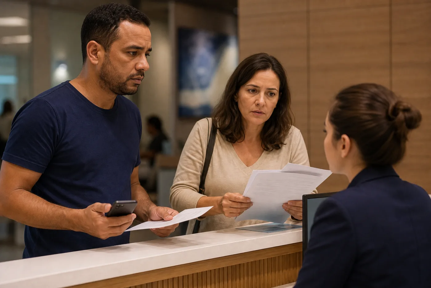 Família apresentando documentos em uma recepção de atendimento hospitalar