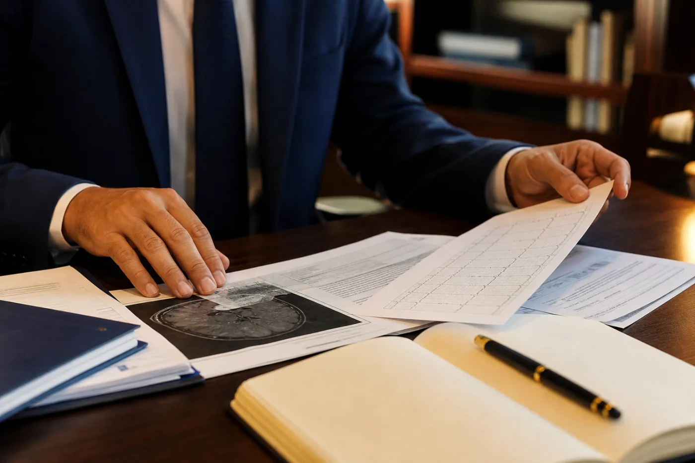 Profissional comparando relatório médico, evidências e documentos jurídicos